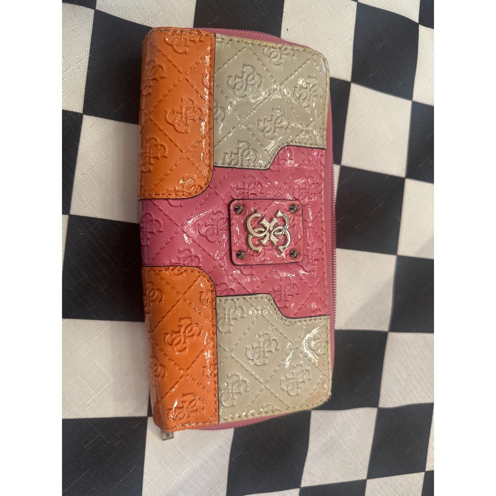 Guess Colorblock Patent Quilted Logo Zip Around Wallet Pink Orange Cream